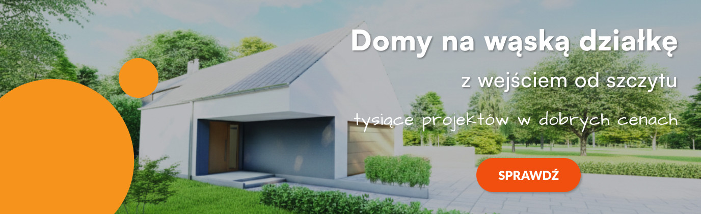 Baner przedstawiający nowoczesny dom na wąską działkę z wejściem od szczytu – funkcjonalne projekty domów w atrakcyjnych cenach.