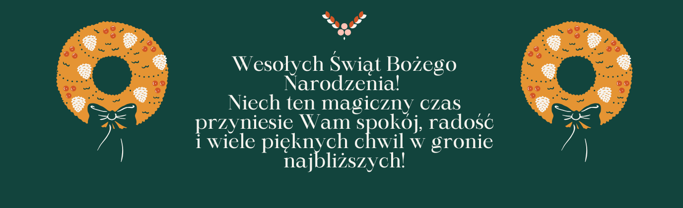 Świąteczna grafika z zielonym tłem, ozdobnymi wiankami bożonarodzeniowymi po bokach oraz życzeniami świątecznymi „Wesołych Świąt
